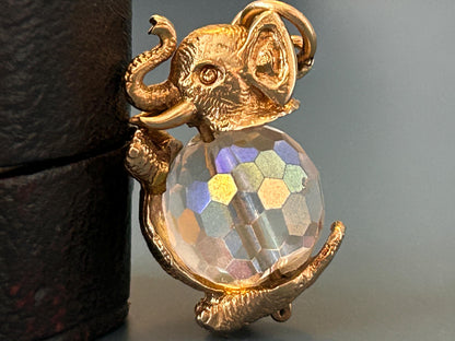 Mid-Century Vintage 9ct Solid Gold Elephant Crystal Charm, Unusual Animal Jewelry Pendant, 9k Elephant Bracelet Charm/ Pendant with Crystal