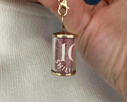 Mid-Century Vintage '10 Shillings' Charm 9ct, Gold Money Charm Pendant: British Hallmarked Gift, Retro 1960s Jewellery 'Emergency' money