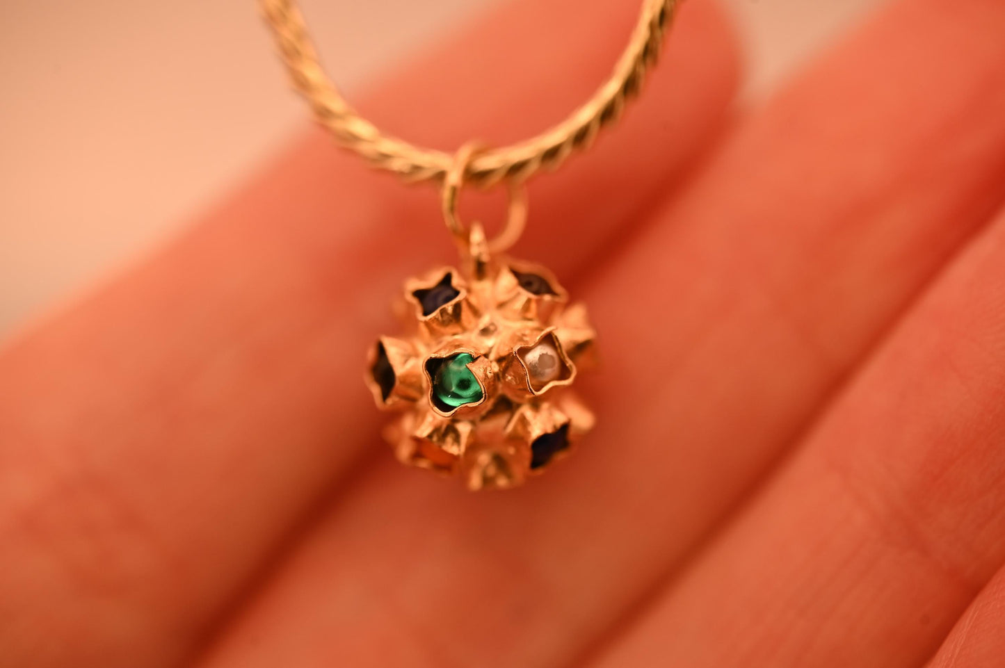 Mid-Century 18k Italian Sputnik Orb with Enamel and Stones , Dainty Charm 18ct Gold Collectors Charm, Unique Gold Multigem Pendant