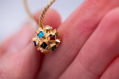 Mid-Century 18k Italian Sputnik Orb with Enamel and Stones , Dainty Charm 18ct Gold Collectors Charm, Unique Gold Multigem Pendant