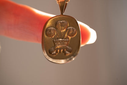 Mid-Century 9ct Gold Welsh Feathers Pendant – Solid Gold Cushion-Cut Design, Pebbled Reverse & Thick Bail, Heavy Wales 9k Gold Pendant