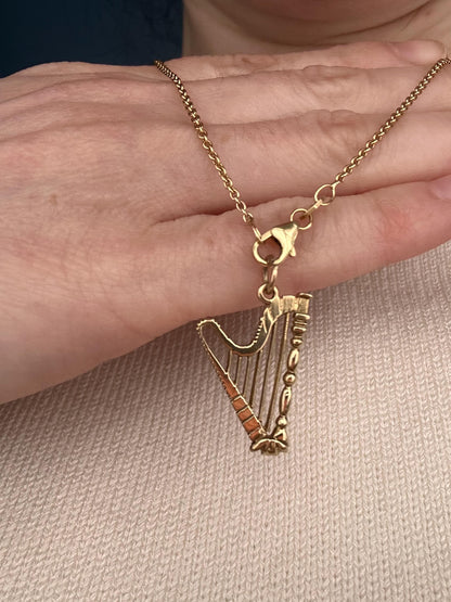 Mid-Century vintage 9ct Gold Harp Musical Instrument Charm/ 9k Dainty Music Pendant/ 9ct Bracelet Charm Collectors Jewelry