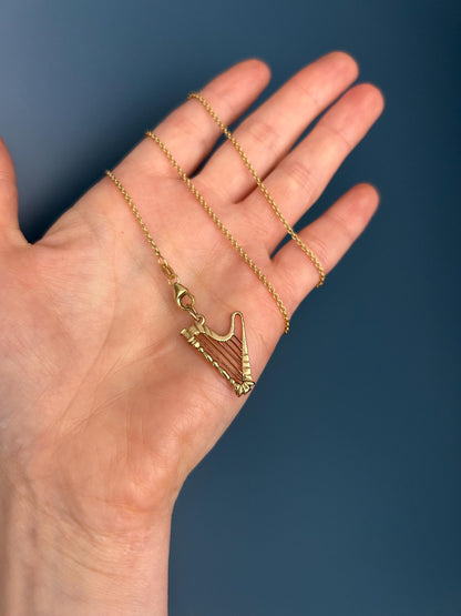 Mid-Century vintage 9ct Gold Harp Musical Instrument Charm/ 9k Dainty Music Pendant/ 9ct Bracelet Charm Collectors Jewelry