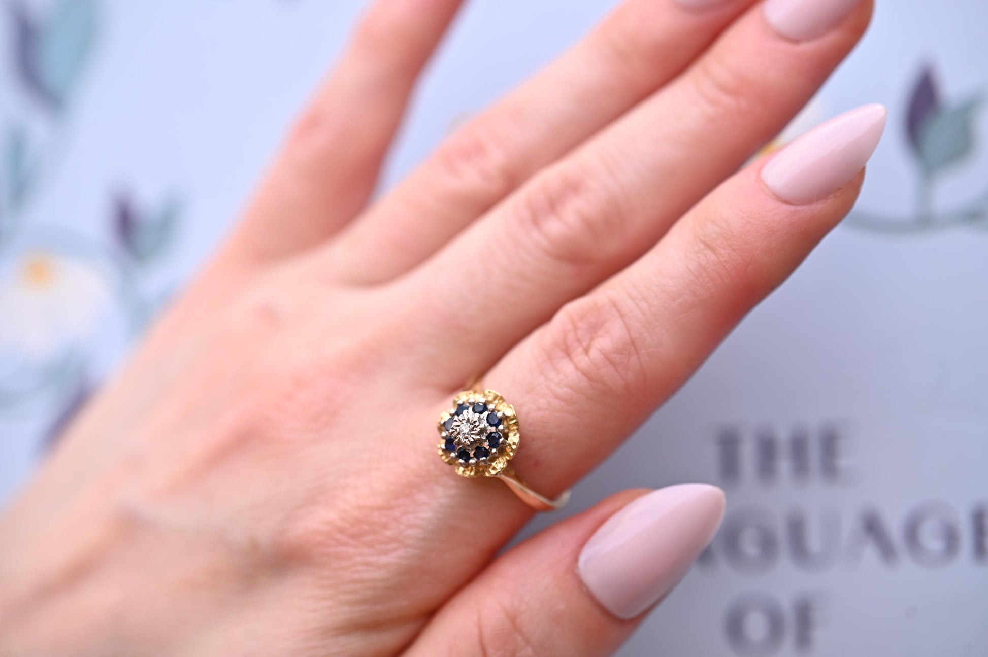 Vintage Mid-Century Sapphire and Diamond Ring, 18ct Yellow Gold Art Deco Floral Jewellery, Ornate Unique Heirloom Jewelry, Blue Dress Ring