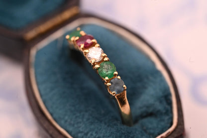 Vintage 18ct Gold Half Eternity Ring | Diamond, Ruby, Sapphire & Emerald Band, Stacking Ring Multi Gem Band, Dainty Jewelry Size K / 5.5
