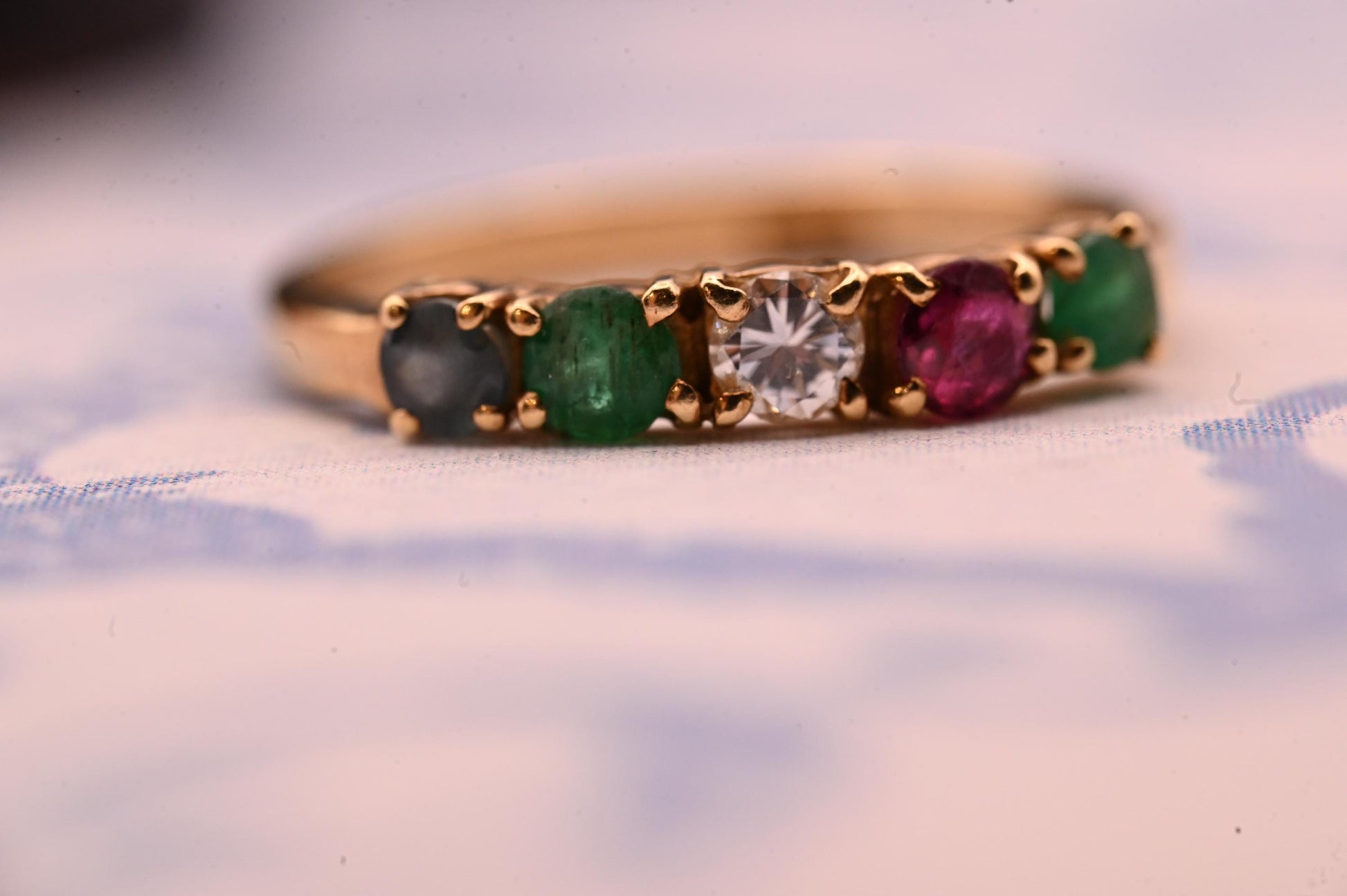 Vintage 18ct Gold Half Eternity Ring | Diamond, Ruby, Sapphire & Emerald Band, Stacking Ring Multi Gem Band, Dainty Jewelry Size K / 5.5