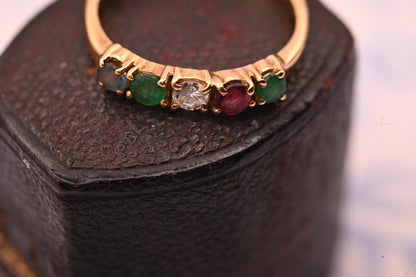 Vintage 18ct Gold Half Eternity Ring | Diamond, Ruby, Sapphire & Emerald Band, Stacking Ring Multi Gem Band, Dainty Jewelry Size K / 5.5