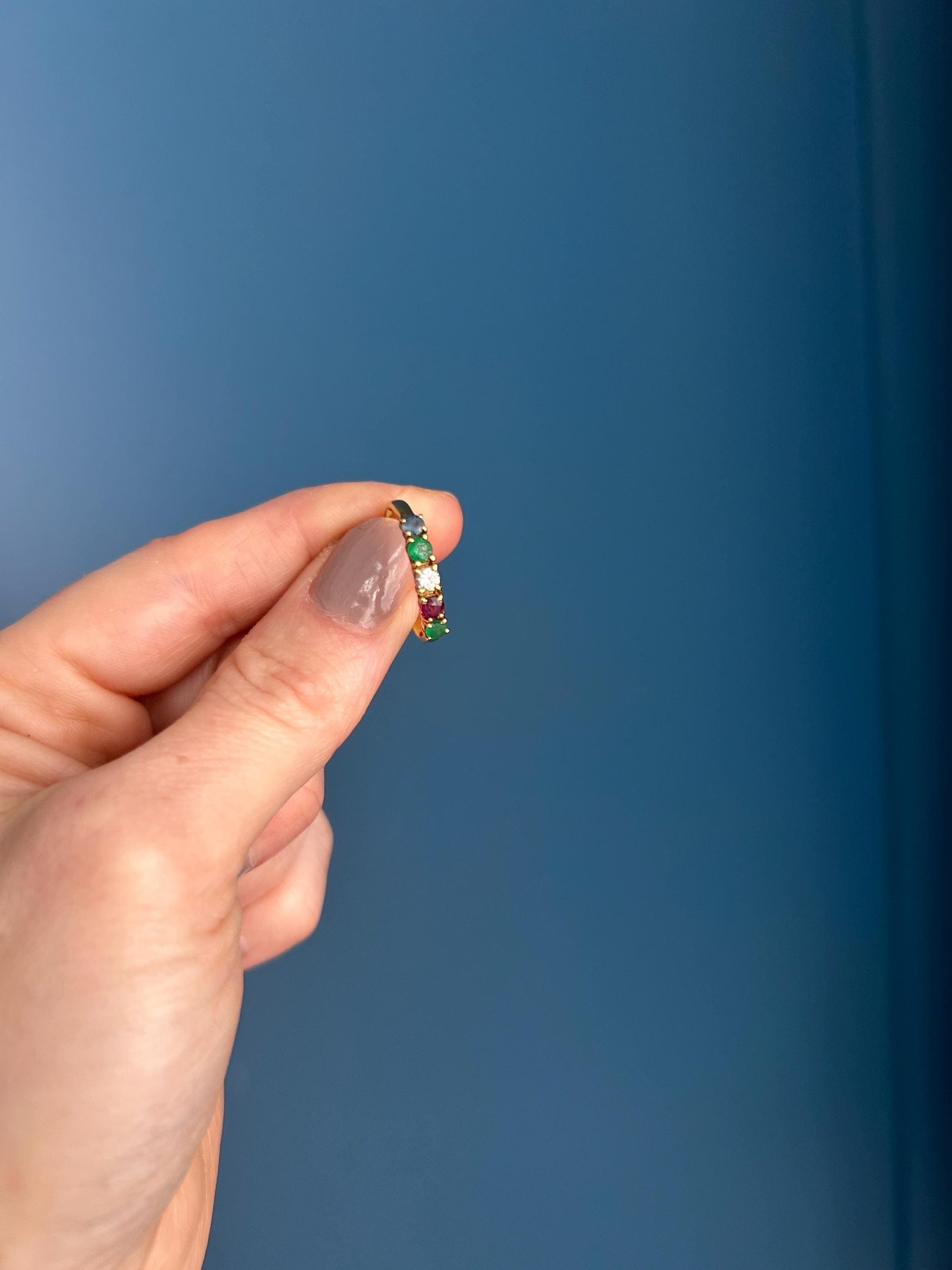 Vintage 18ct Gold Half Eternity Ring | Diamond, Ruby, Sapphire & Emerald Band, Stacking Ring Multi Gem Band, Dainty Jewelry Size K / 5.5