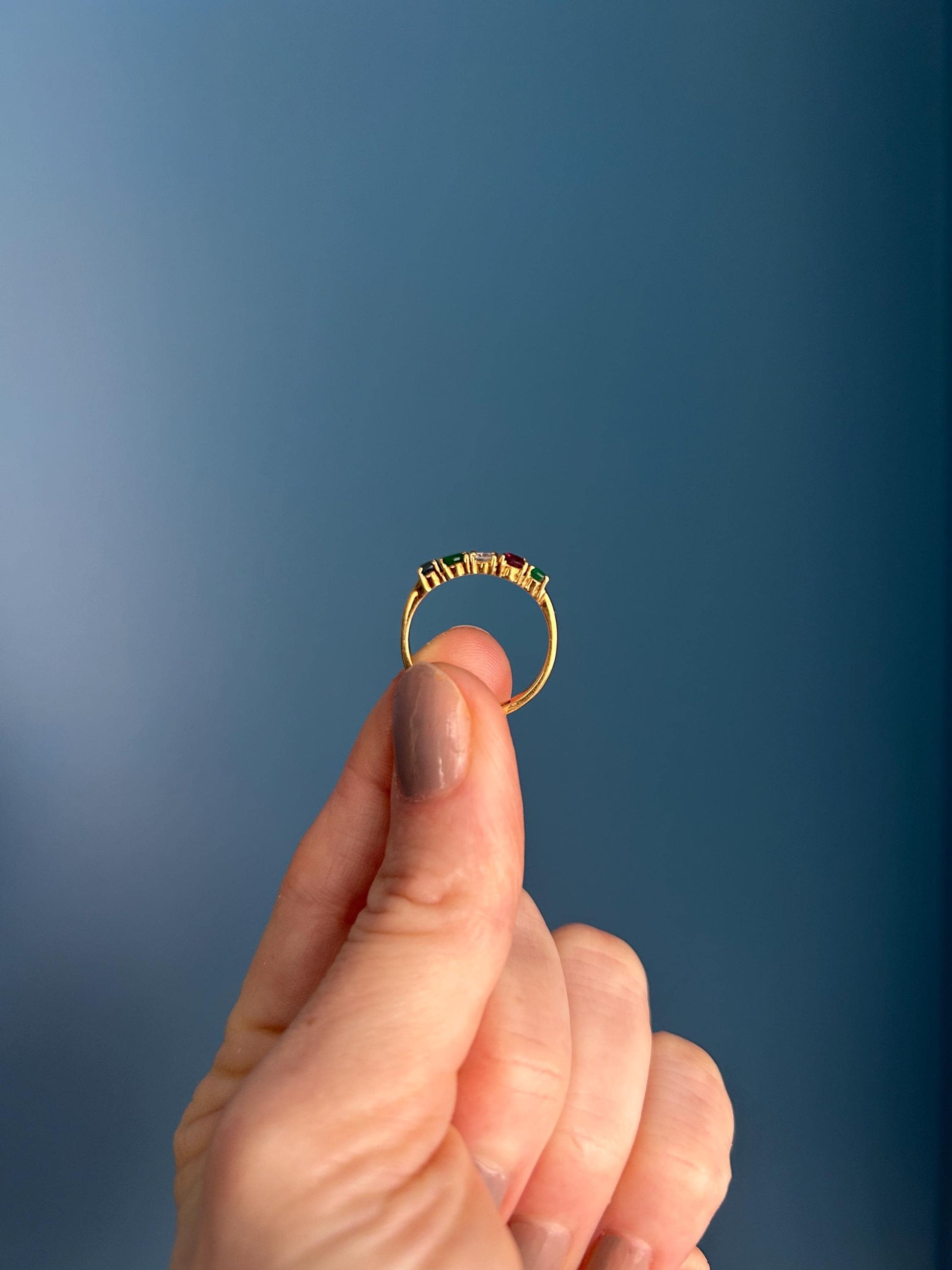 Vintage 18ct Gold Half Eternity Ring | Diamond, Ruby, Sapphire & Emerald Band, Stacking Ring Multi Gem Band, Dainty Jewelry Size K / 5.5