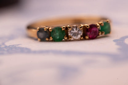 Vintage 18ct Gold Half Eternity Ring | Diamond, Ruby, Sapphire & Emerald Band, Stacking Ring Multi Gem Band, Dainty Jewelry Size K / 5.5