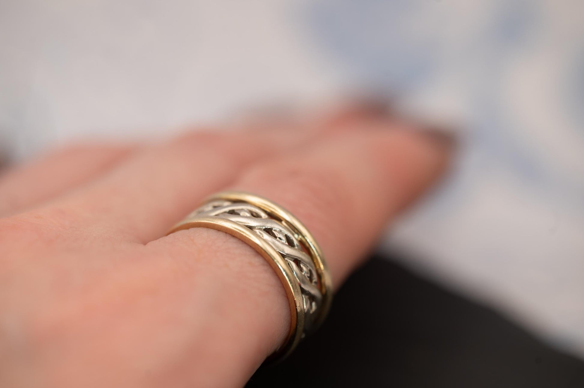 Vintage 9ct Gold Celtic Wedding Band, Unisex Ring, White and Yellow Gold 9k Ring, Unusual Band Stacking Ring Size UK- N / US- 7