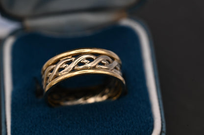 Vintage 9ct Gold Celtic Wedding Band, Unisex Ring, White and Yellow Gold 9k Ring, Unusual Band Stacking Ring Size UK- N / US- 7