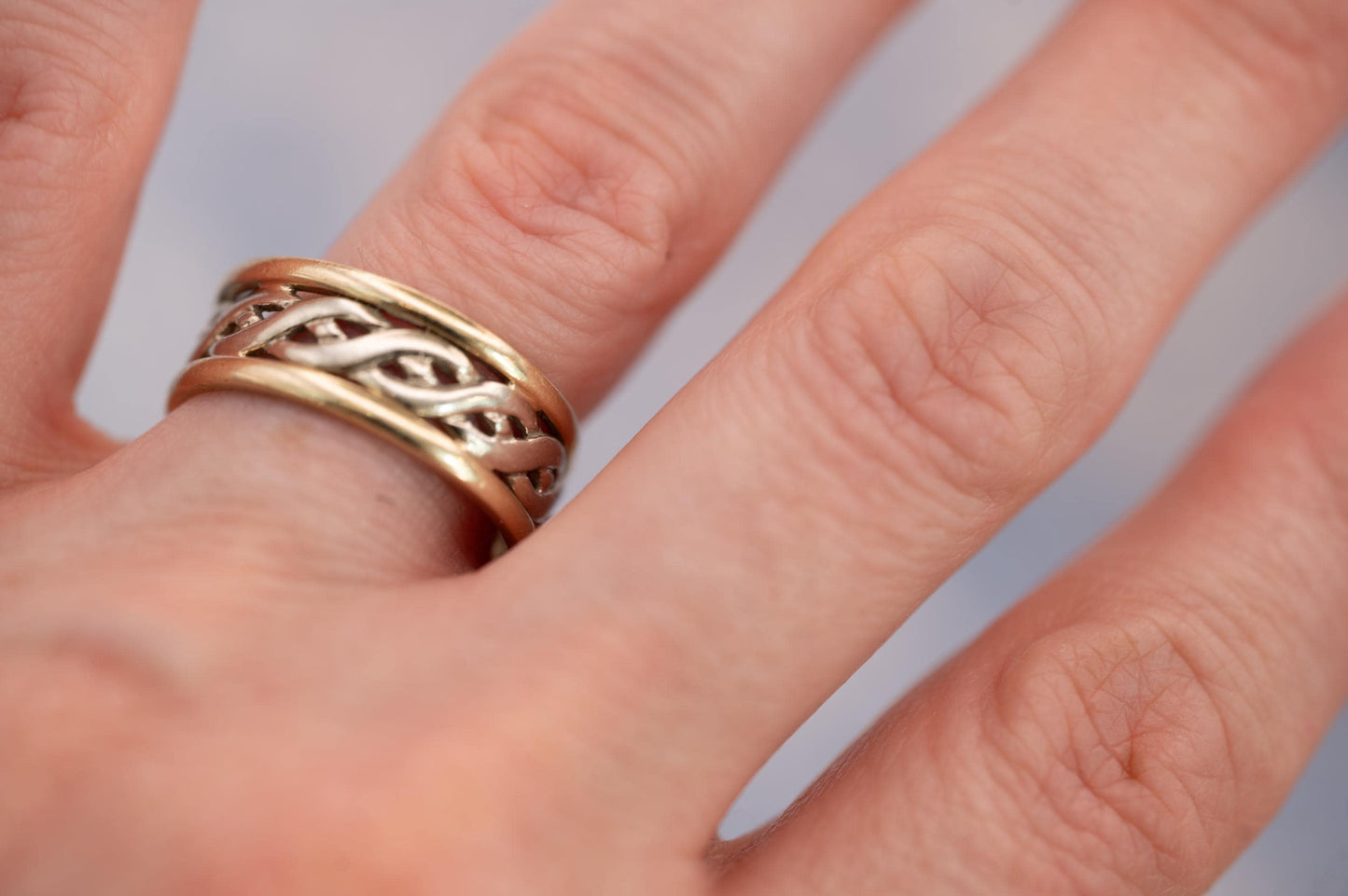 Vintage 9ct Gold Celtic Wedding Band, Unisex Ring, White and Yellow Gold 9k Ring, Unusual Band Stacking Ring Size UK- N / US- 7