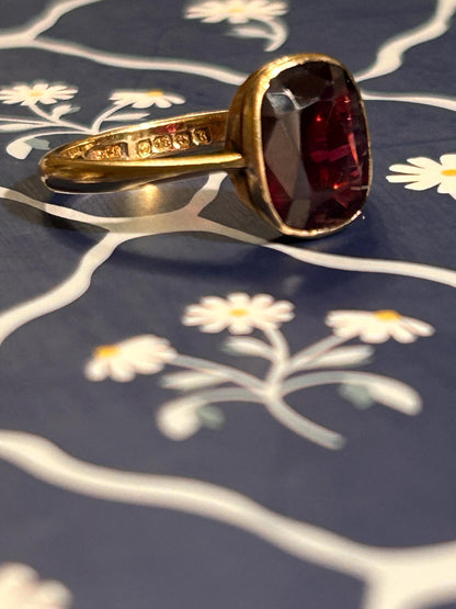 Genuine Antique 1909 Edwardian Rhodalite Garnet Ring - Solid 18ct Yellow Gold Estate Solitaire - Birmingham Assayed, Estate Jewelry 9k. 8.5