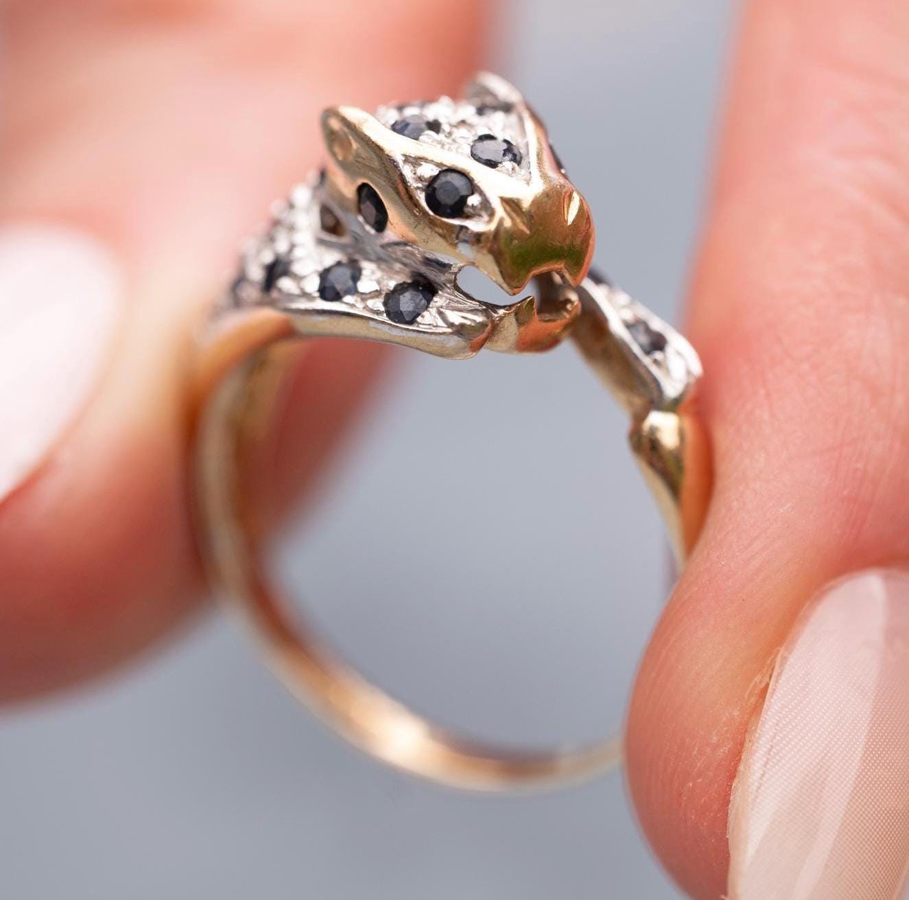 Vintage Panther Sapphire & Diamond Ring, 9ct White Yellow Gold Fancy Jewellery, Spotted Panther Unusual Ring, Statement Animal Jewelry 9K