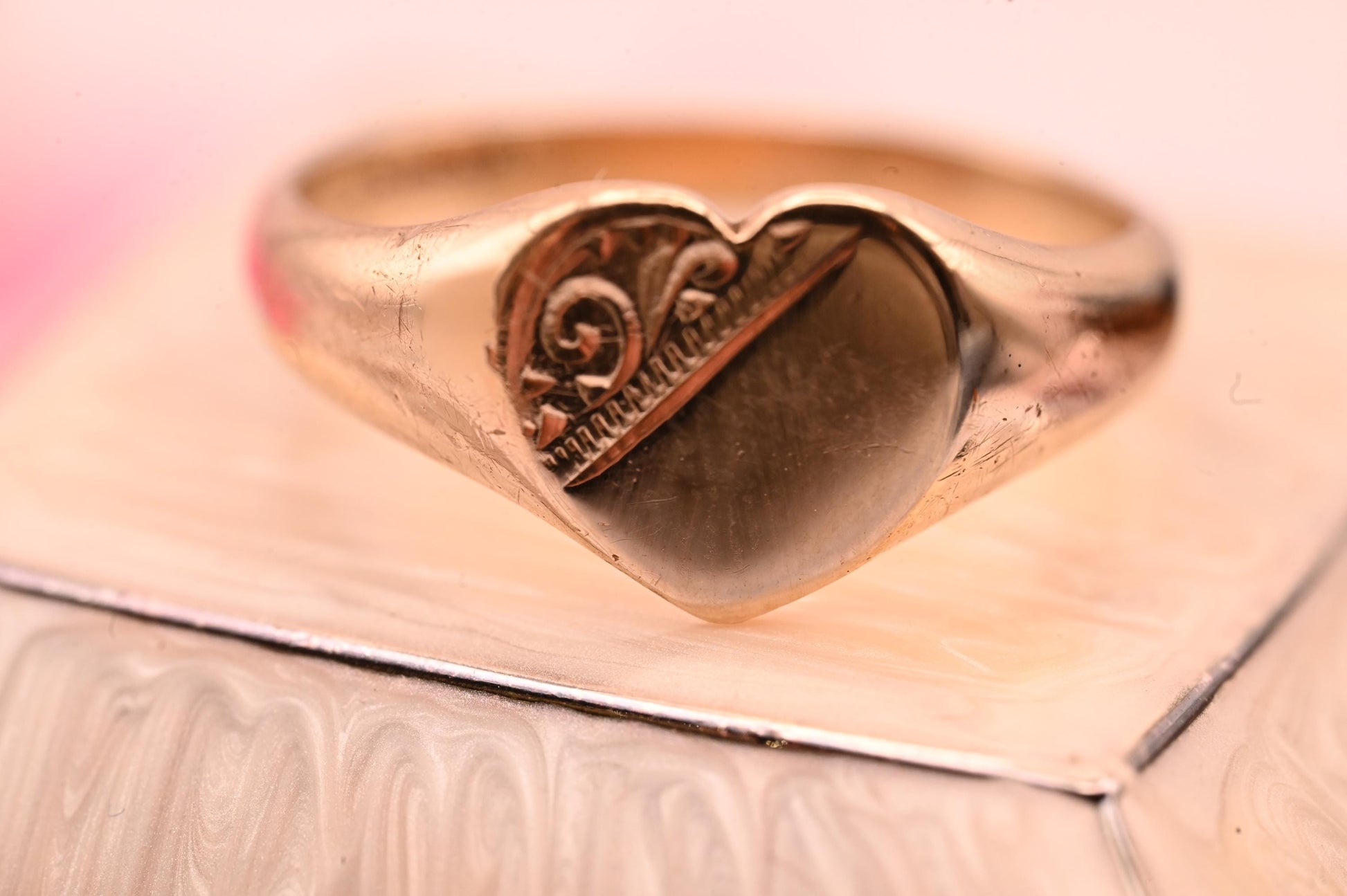Vintage 1980s Signet Heart Ring 9ct Gold With Floral Scroll, Retro Jewelry Classic Ring, Heart Jewelry Size K / US 5.5