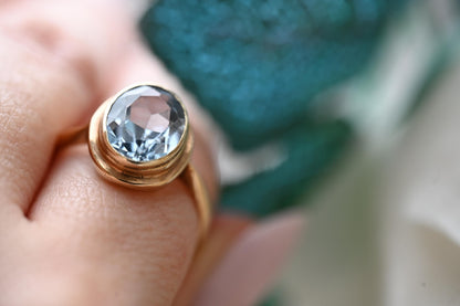 Genuine Art Deco Vintage Ring with Large Aquamarine Stone 9ct Gold Jewelry Statement Band US 6.5 /UK M