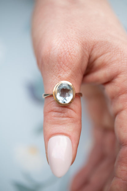 Genuine Art Deco Vintage Ring with Large Aquamarine Stone 9ct Gold Jewelry Statement Band US 6.5 /UK M