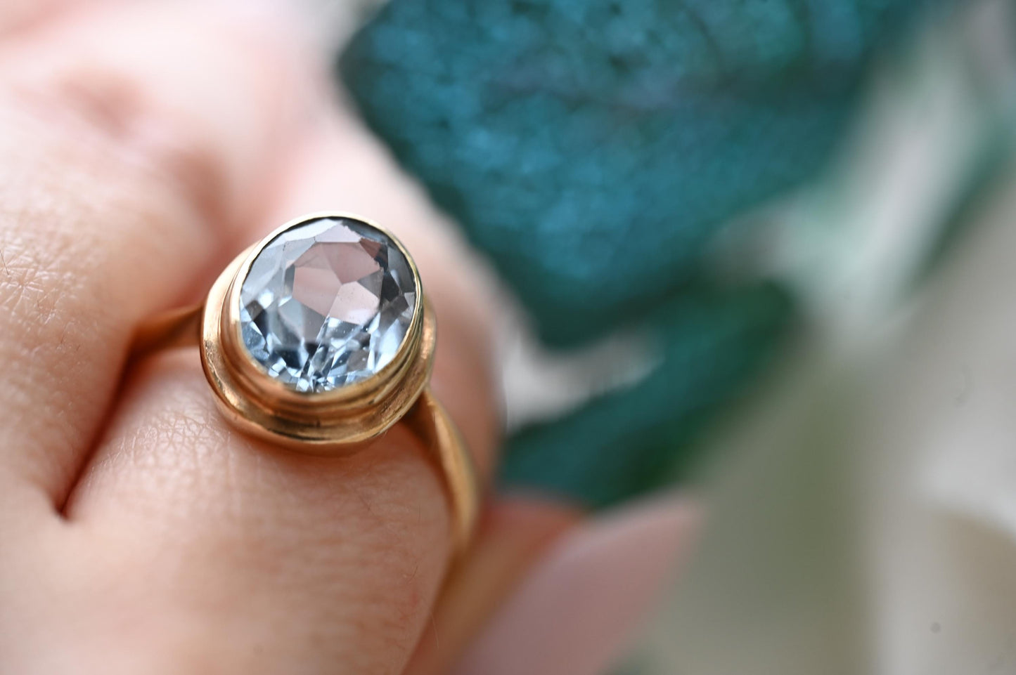 Genuine Art Deco Vintage Ring with Large Aquamarine Stone 9ct Gold Jewelry Statement Band US 6.5 /UK M