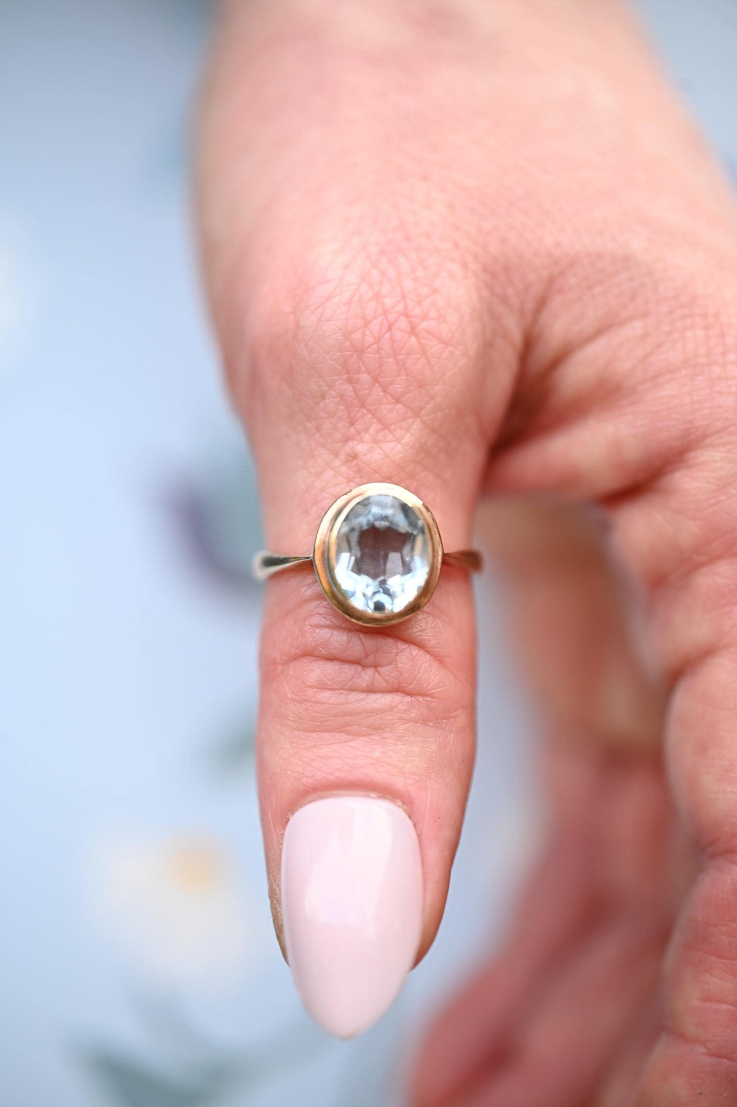 Genuine Art Deco Vintage Ring with Large Aquamarine Stone 9ct Gold Jewelry Statement Band US 6.5 /UK M