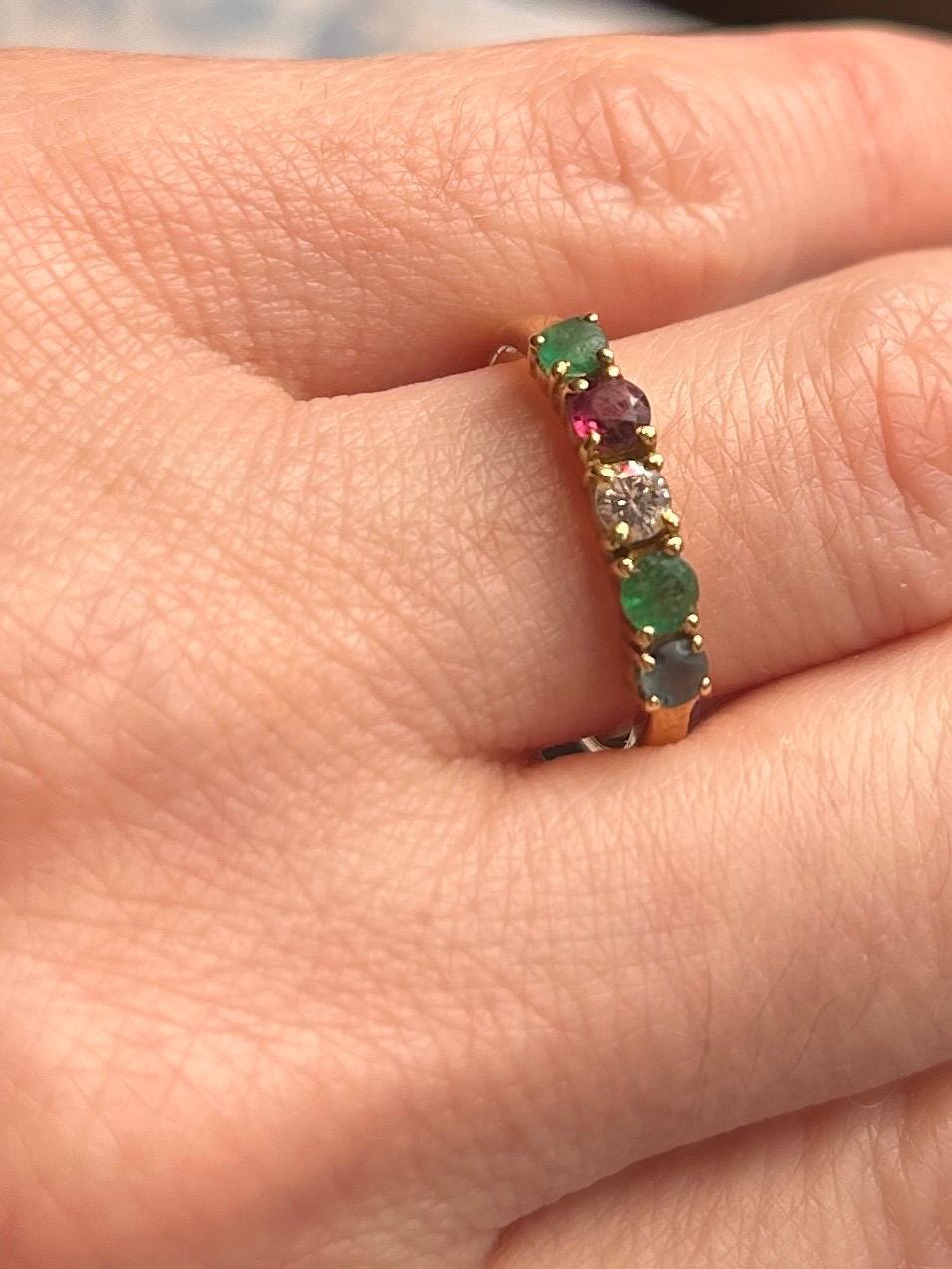 Vintage 18ct Gold Half Eternity Ring | Diamond, Ruby, Sapphire & Emerald Band, Stacking Ring Multi Gem Band, Dainty Jewelry Size K / 5.5