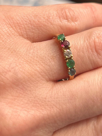 Vintage 18ct Gold Half Eternity Ring | Diamond, Ruby, Sapphire & Emerald Band, Stacking Ring Multi Gem Band, Dainty Jewelry Size K / 5.5