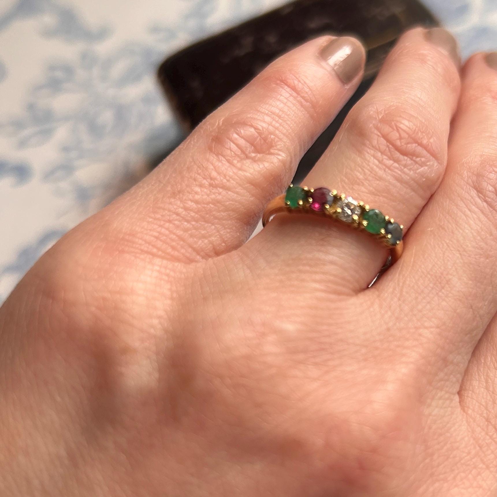 Vintage 18ct Gold Half Eternity Ring | Diamond, Ruby, Sapphire & Emerald Band, Stacking Ring Multi Gem Band, Dainty Jewelry Size K / 5.5