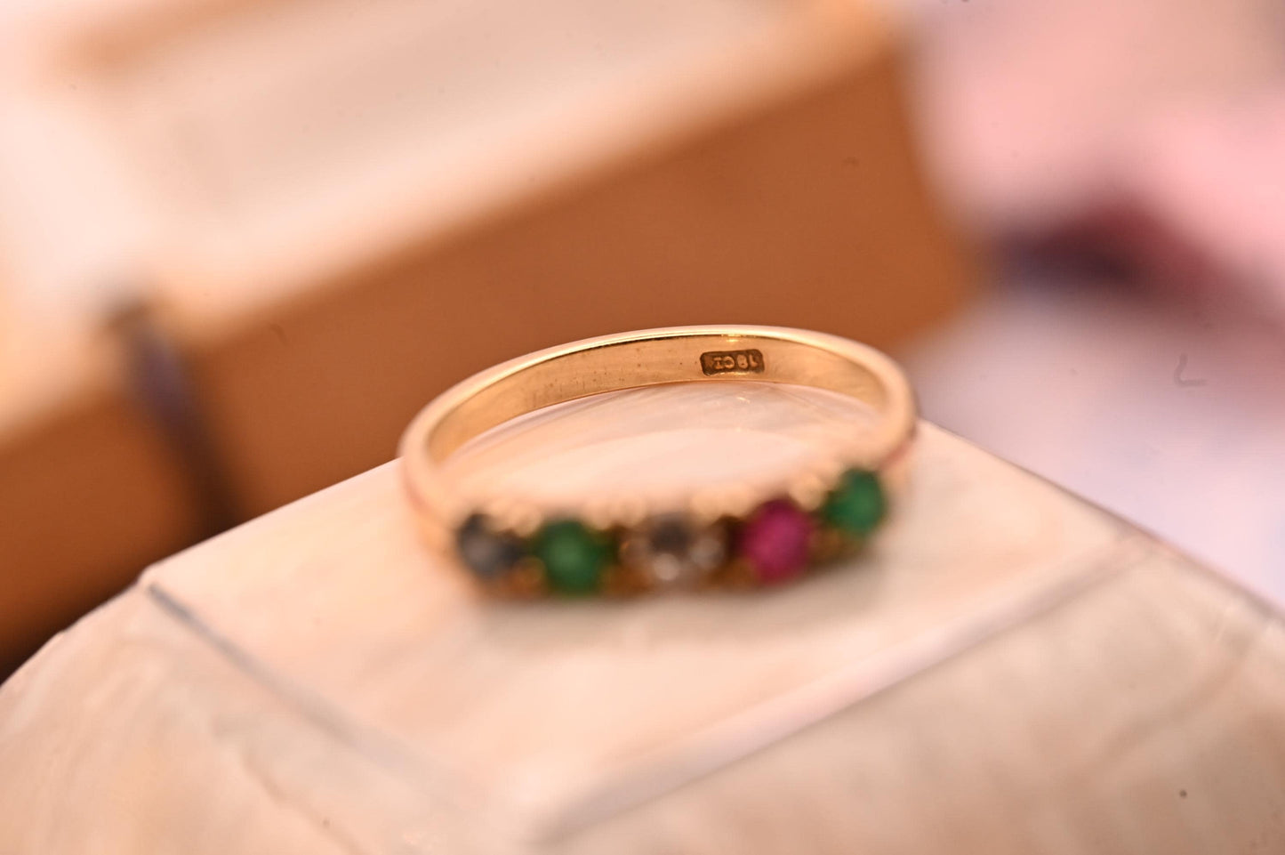 Vintage 18ct Gold Half Eternity Ring | Diamond, Ruby, Sapphire & Emerald Band, Stacking Ring Multi Gem Band, Dainty Jewelry Size K / 5.5