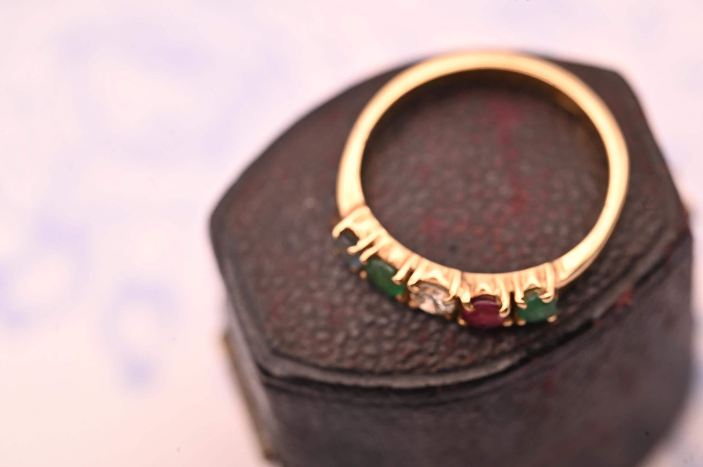 Vintage 18ct Gold Half Eternity Ring | Diamond, Ruby, Sapphire & Emerald Band, Stacking Ring Multi Gem Band, Dainty Jewelry Size K / 5.5