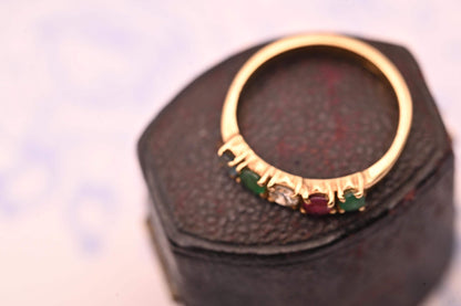 Vintage 18ct Gold Half Eternity Ring | Diamond, Ruby, Sapphire & Emerald Band, Stacking Ring Multi Gem Band, Dainty Jewelry Size K / 5.5