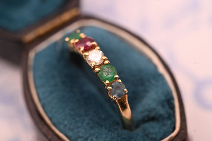 Vintage 18ct Gold Half Eternity Ring | Diamond, Ruby, Sapphire & Emerald Band, Stacking Ring Multi Gem Band, Dainty Jewelry Size K / 5.5
