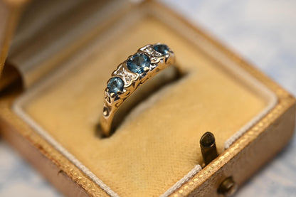 Vintage Half Eternity Blue Topaz & Diamond 9ct Yellow Gold Ring - Stack Ring 9k Size M / 6.5