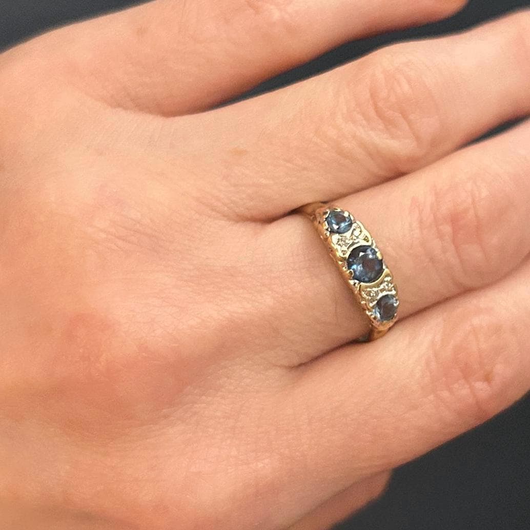 Vintage Half Eternity Blue Topaz & Diamond 9ct Yellow Gold Ring - Stack Ring 9k Size M / 6.5