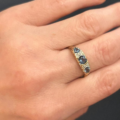 Vintage Half Eternity Blue Topaz & Diamond 9ct Yellow Gold Ring - Stack Ring 9k Size M / 6.5