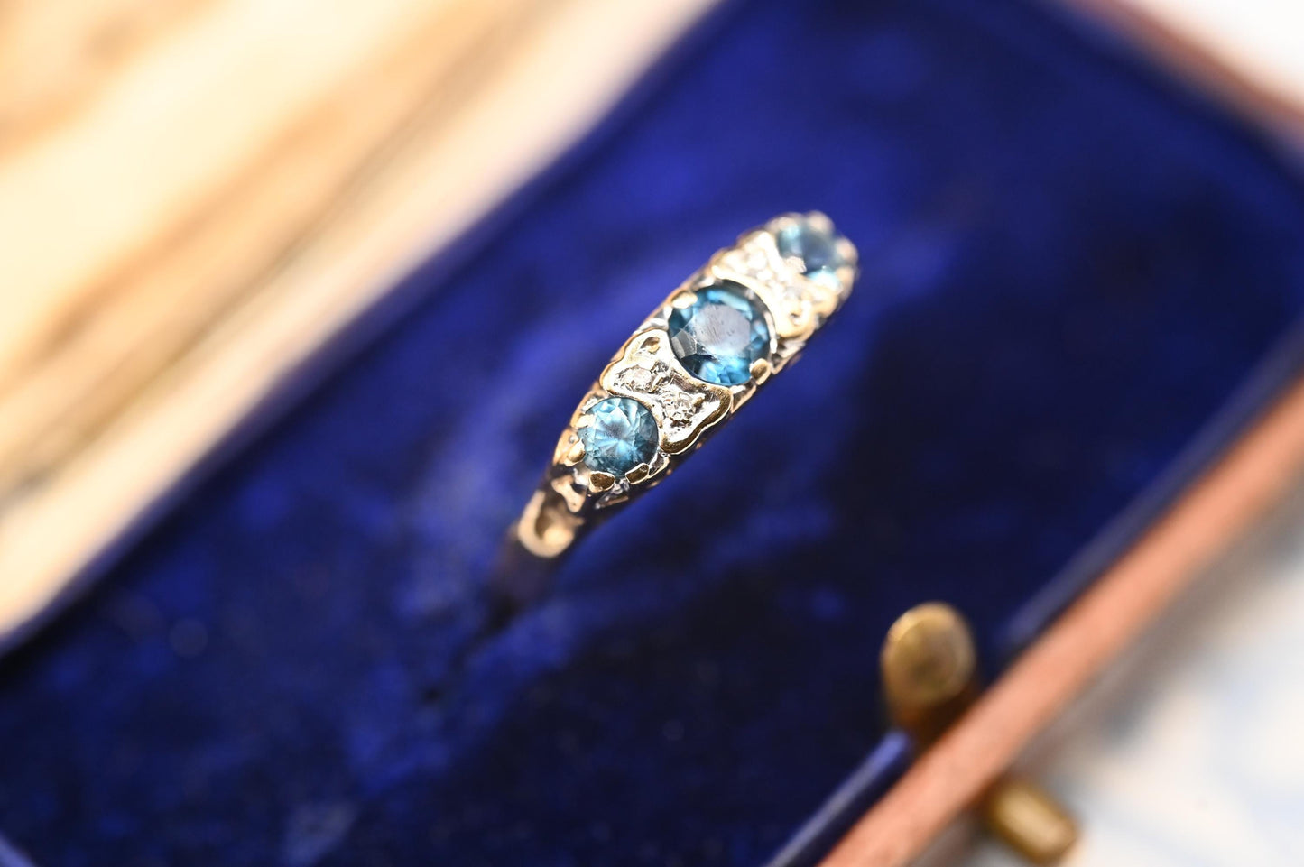 Vintage Half Eternity Blue Topaz & Diamond 9ct Yellow Gold Ring - Stack Ring 9k Size M / 6.5