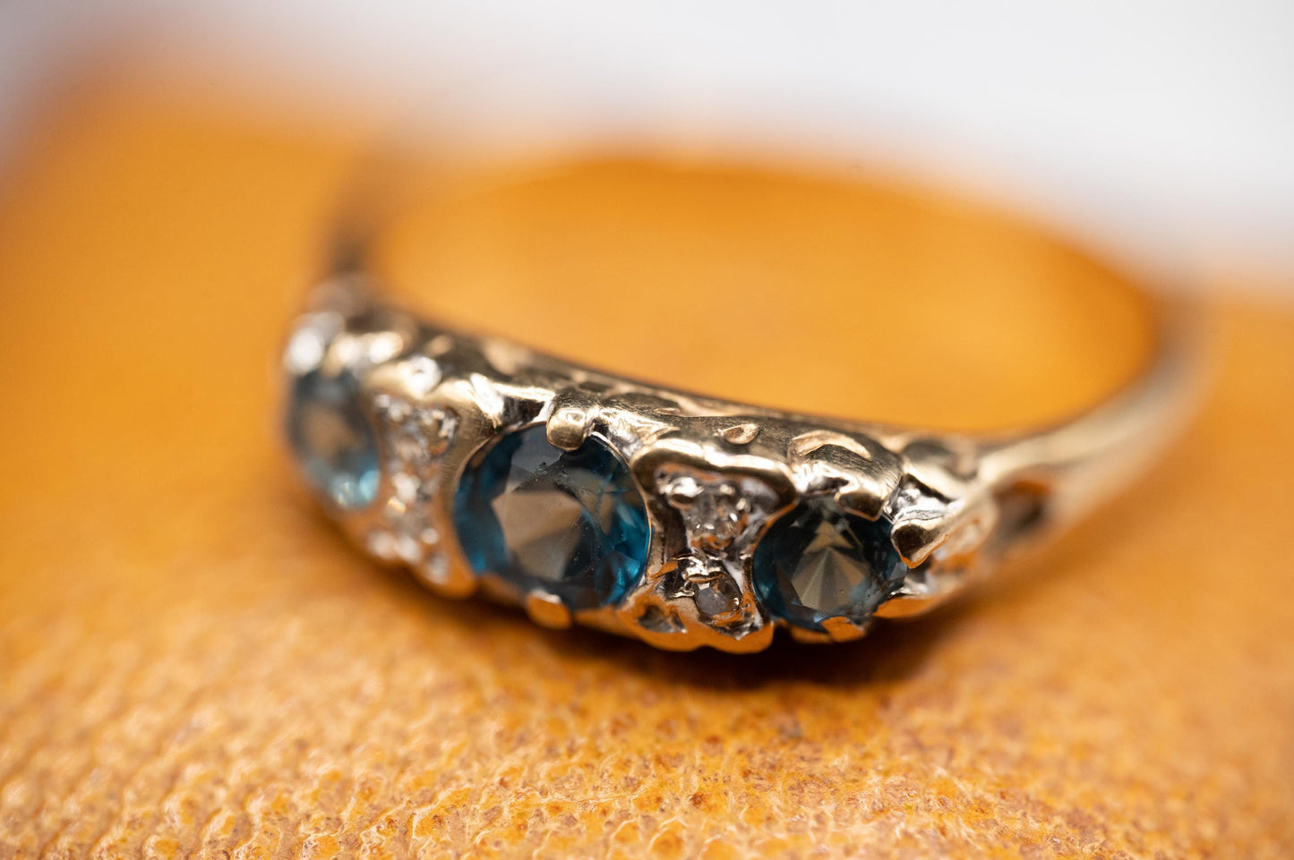Vintage Half Eternity Blue Topaz & Diamond 9ct Yellow Gold Ring - Stack Ring 9k Size M / 6.5
