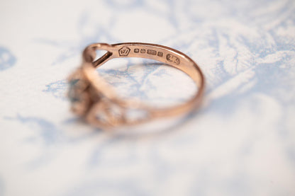 Genuine Vintage 90's Clogau Rose Gold 9ct Celtic Ring Aquamarine| Welsh Gold Dainty Jewelry - Size K / 5.5