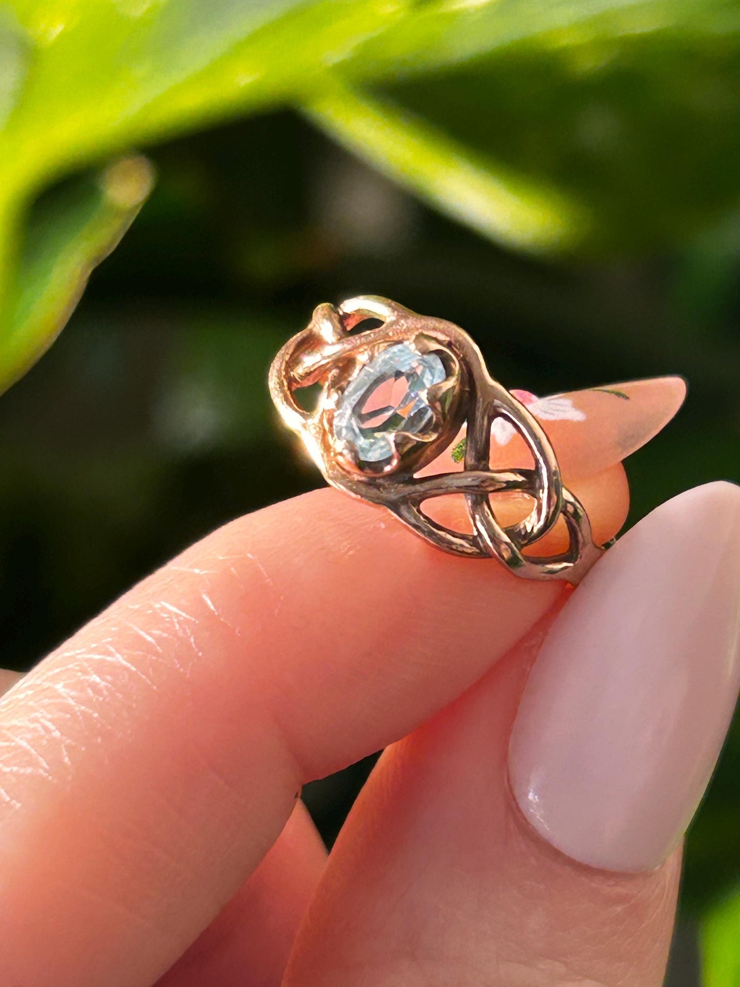 Vintage 90's Clogau Rose Gold 9ct Celtic Ring Aquamarine| Welsh Gold Dainty Jewelry - Size K / 5.5