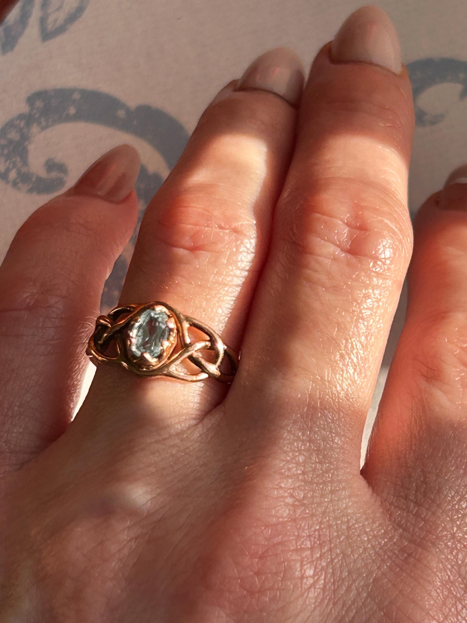 Vintage 90's Clogau Rose Gold 9ct Celtic Ring Aquamarine| Welsh Gold Dainty Jewelry - Size K / 5.5