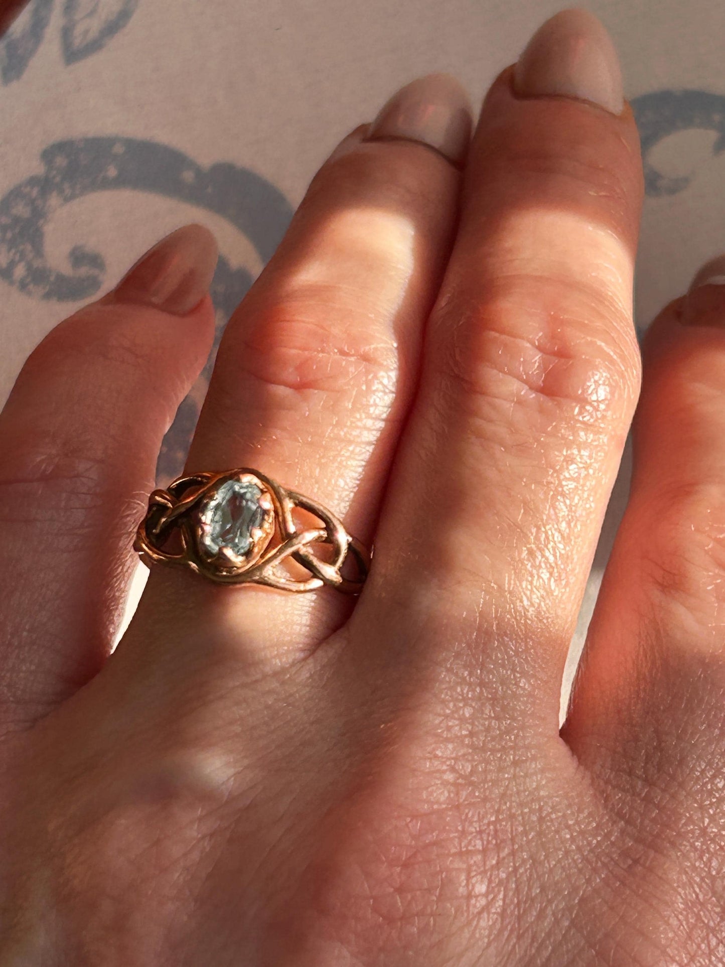 Genuine Vintage 90's Clogau Rose Gold 9ct Celtic Ring Aquamarine| Welsh Gold Dainty Jewelry - Size K / 5.5