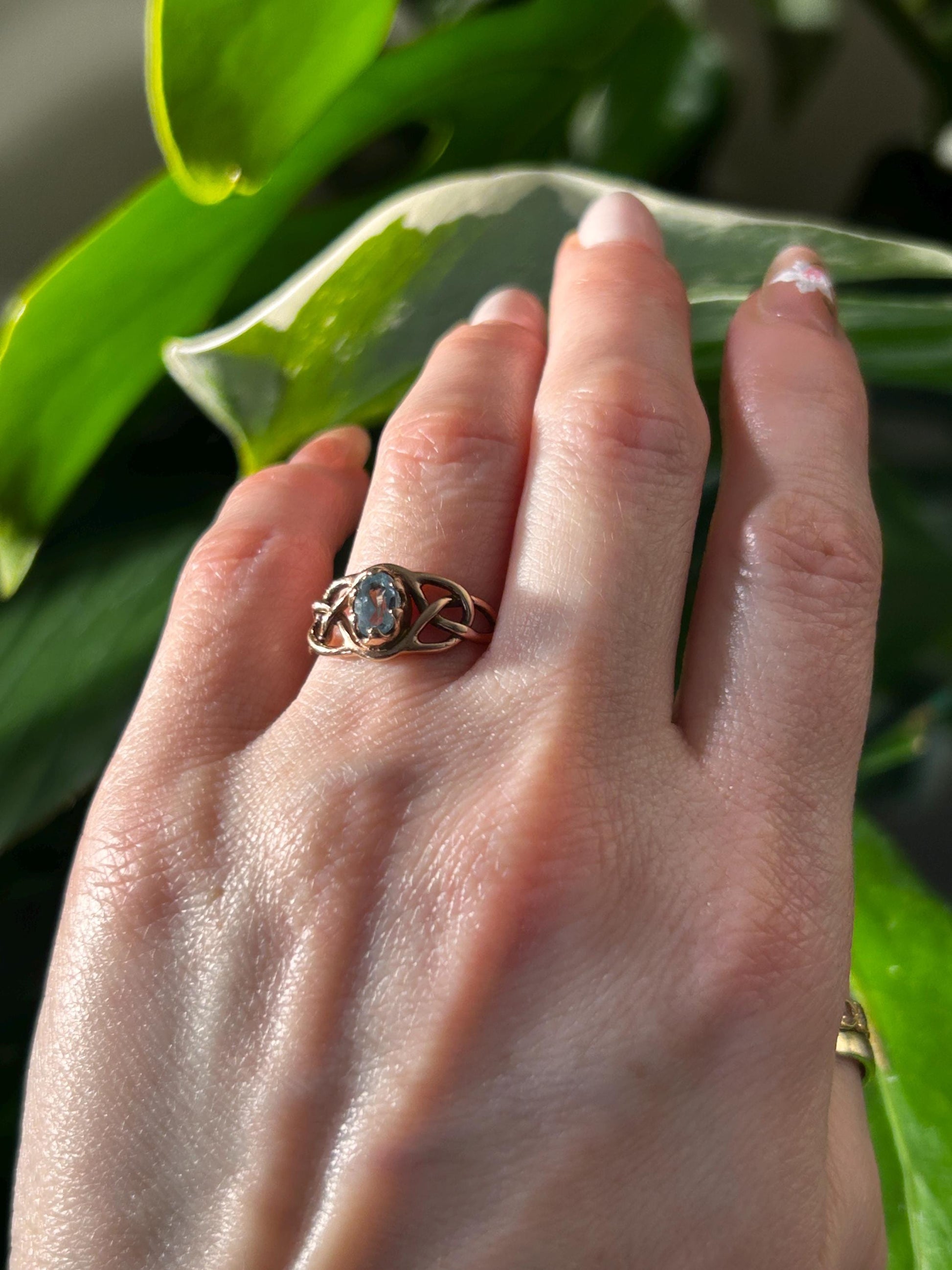 Genuine Vintage 90's Clogau Rose Gold 9ct Celtic Ring Aquamarine| Welsh Gold Dainty Jewelry - Size K / 5.5