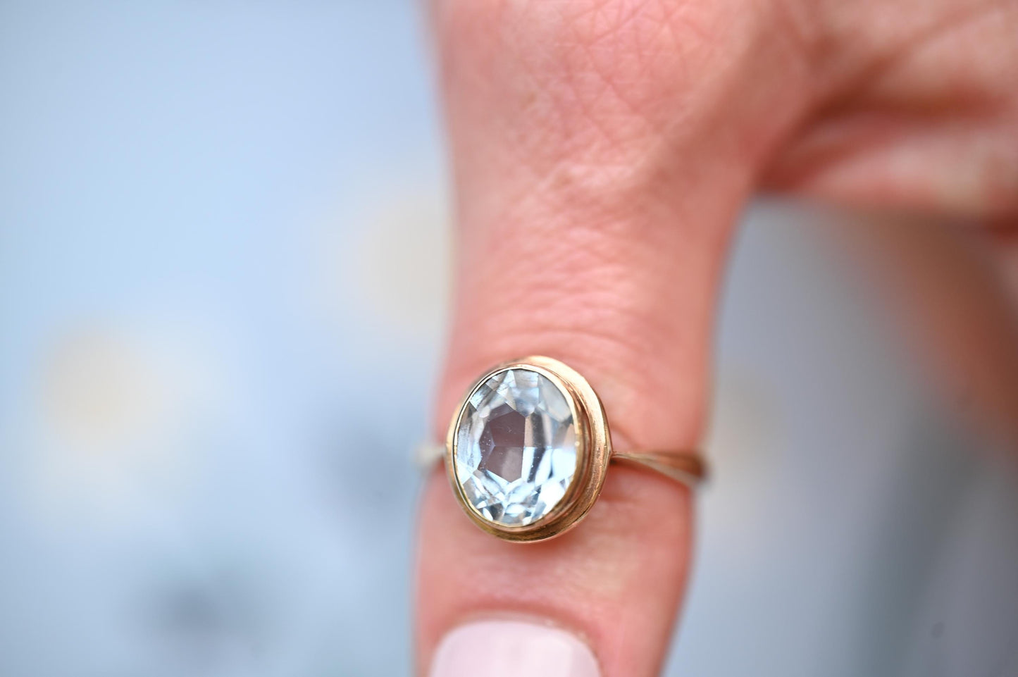 Genuine Art Deco Vintage Ring with Large Aquamarine Stone 9ct Gold Jewelry Statement Band US 6.5 /UK M