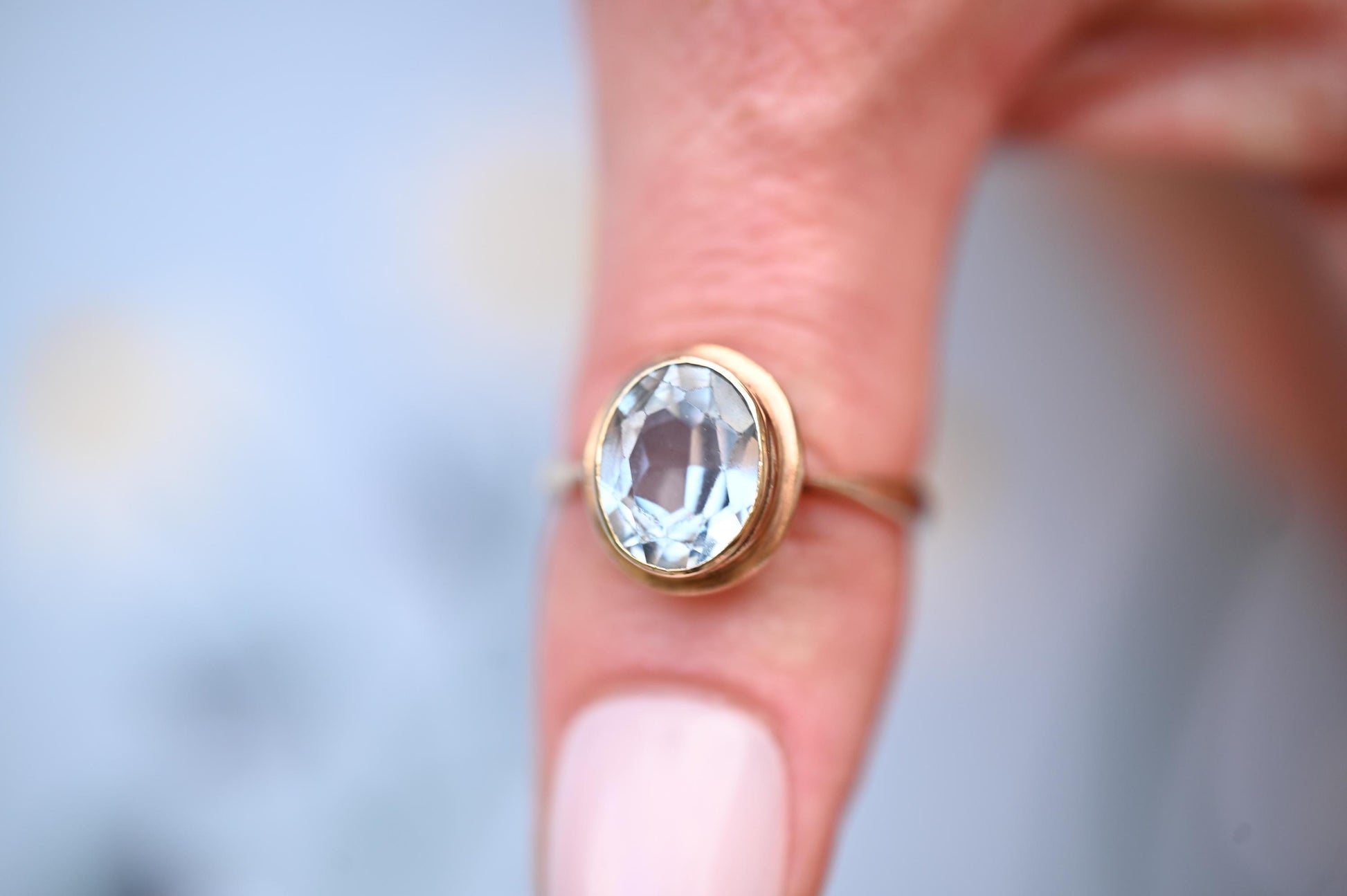 Genuine Art Deco Vintage Ring with Large Aquamarine Stone 9ct Gold Jewelry Statement Band US 6.5 /UK M