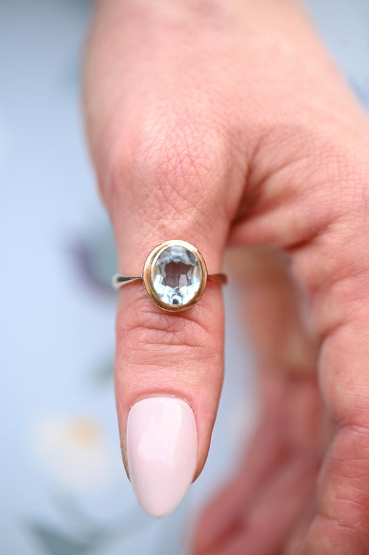 Genuine Art Deco Vintage Ring with Large Aquamarine Stone 9ct Gold Jewelry Statement Band US 6.5 /UK M