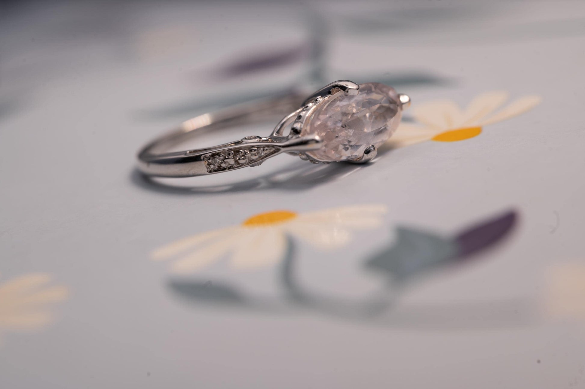 Vintage 9ct Gold Rose Quartz and Diamond Cocktail Ring, Marquise Cut Engagement Ring White Gold - England Assayed