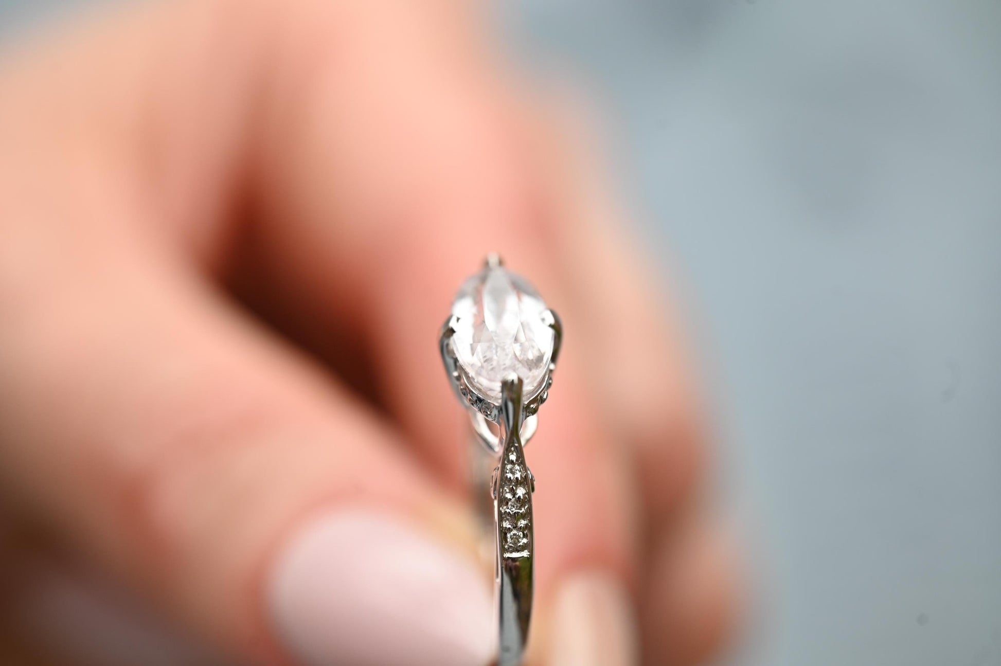 Vintage 9ct Gold Rose Quartz and Diamond Cocktail Ring, Marquise Cut Engagement Ring White Gold - England Assayed