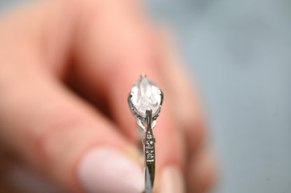 Vintage 9ct Gold Rose Quartz and Diamond Cocktail Ring, Marquise Cut Engagement Ring White Gold - England Assayed