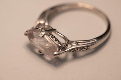 Vintage 9ct Gold Rose Quartz and Diamond Cocktail Ring, Marquise Cut Engagement Ring White Gold - England Assayed