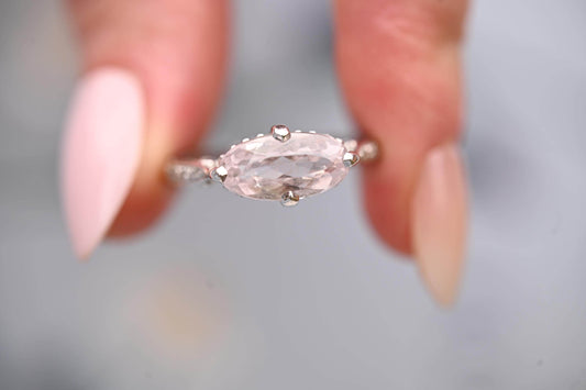 Vintage 9ct Gold Rose Quartz and Diamond Cocktail Ring, Marquise Cut Engagement Ring White Gold - England Assayed