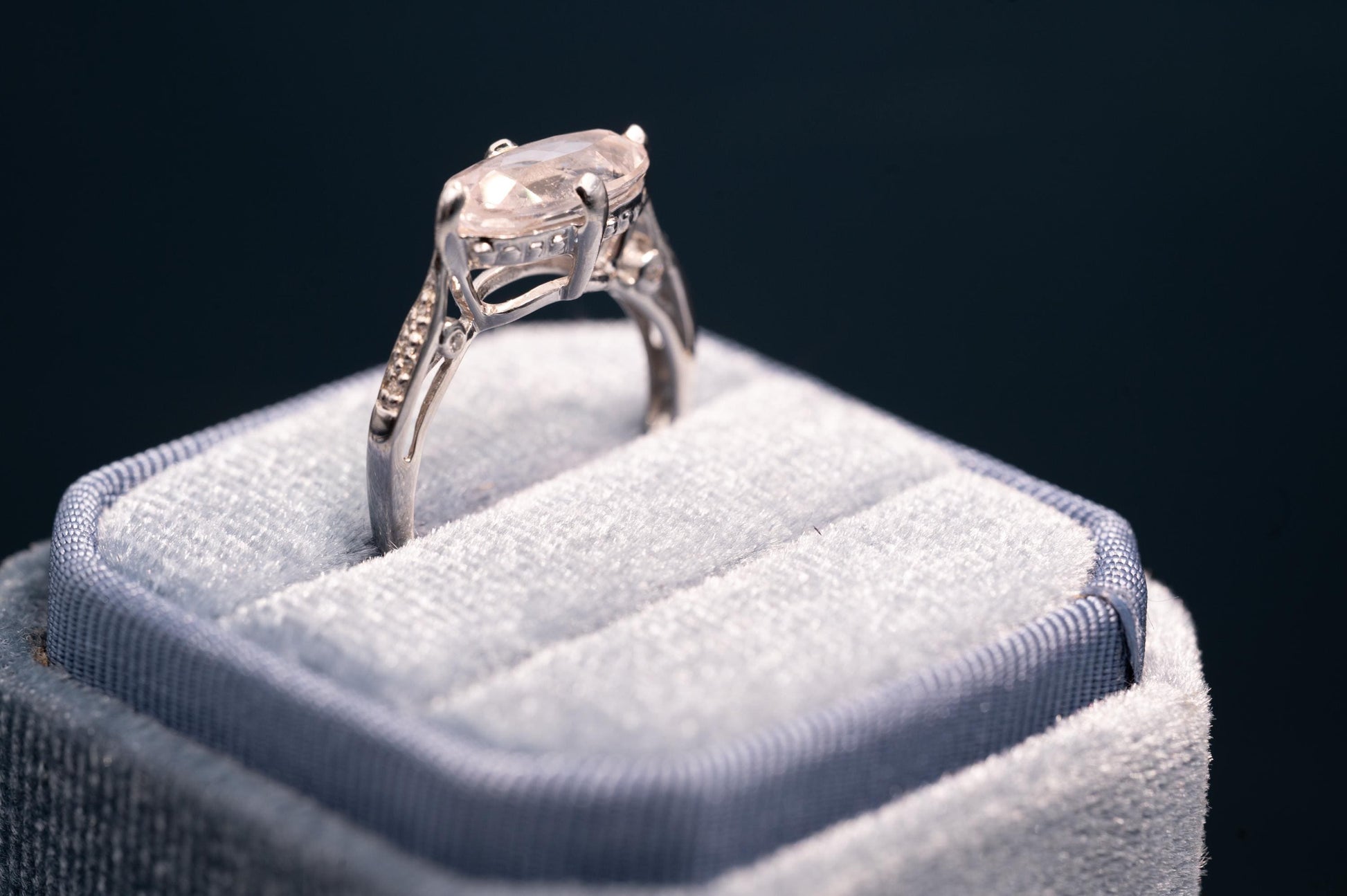 Vintage 9ct Gold Rose Quartz and Diamond Cocktail Ring, Marquise Cut Engagement Ring White Gold - England Assayed